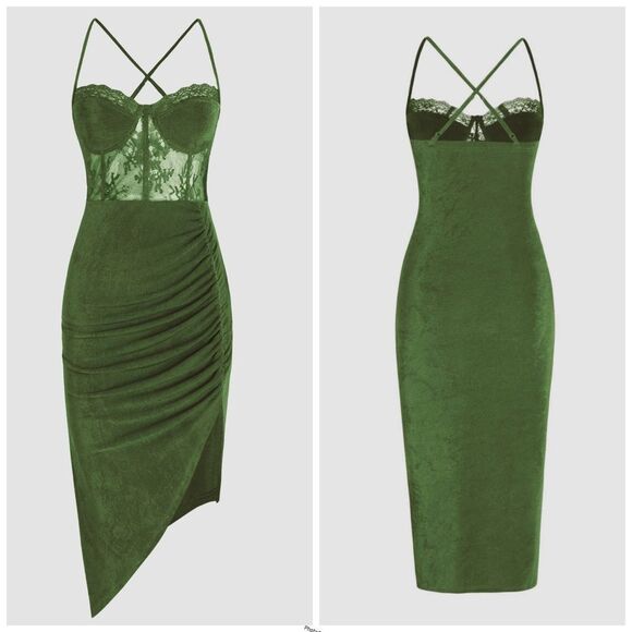 CIDER LACE RUCHED SPLIT CAMI GREEN MIDI DRESS - Picture 1 of 5